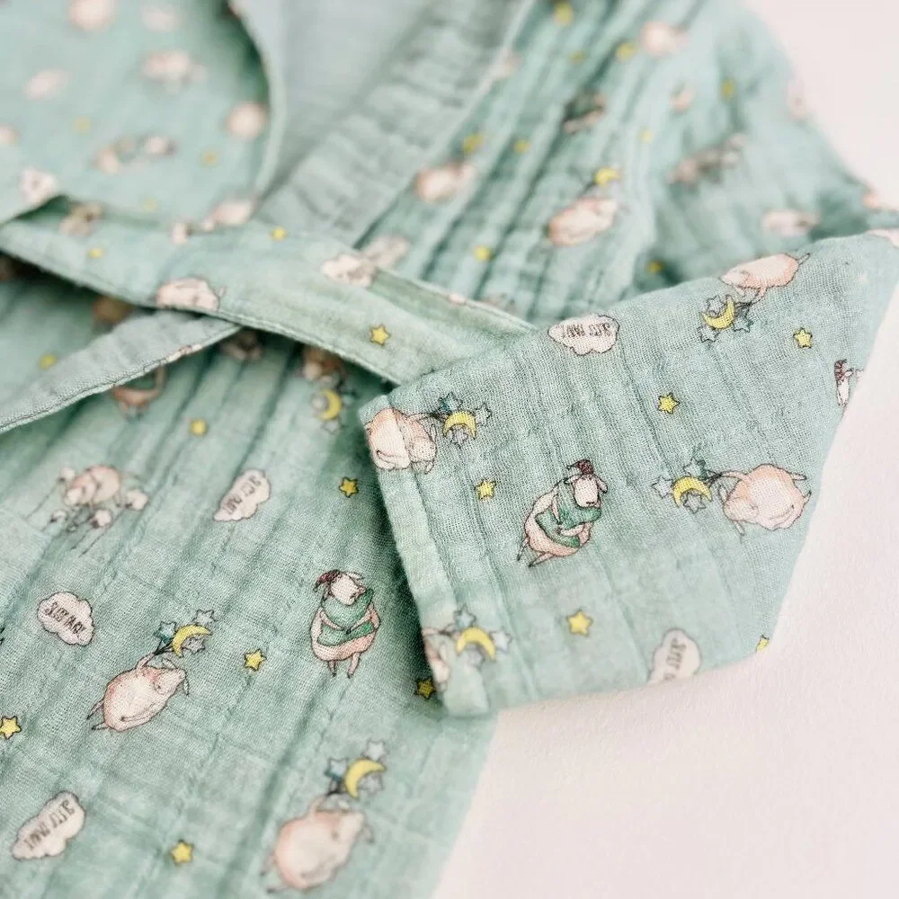 KIDS Organic Muslin Cotton Bathrobe - Reversible Sleepy sheep green